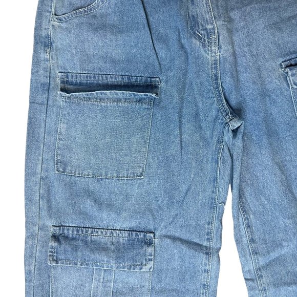 Womens Cargo Jeans Size XL Blue Wide Leg High Rise Multiple Pockets - Picture 8 of 15